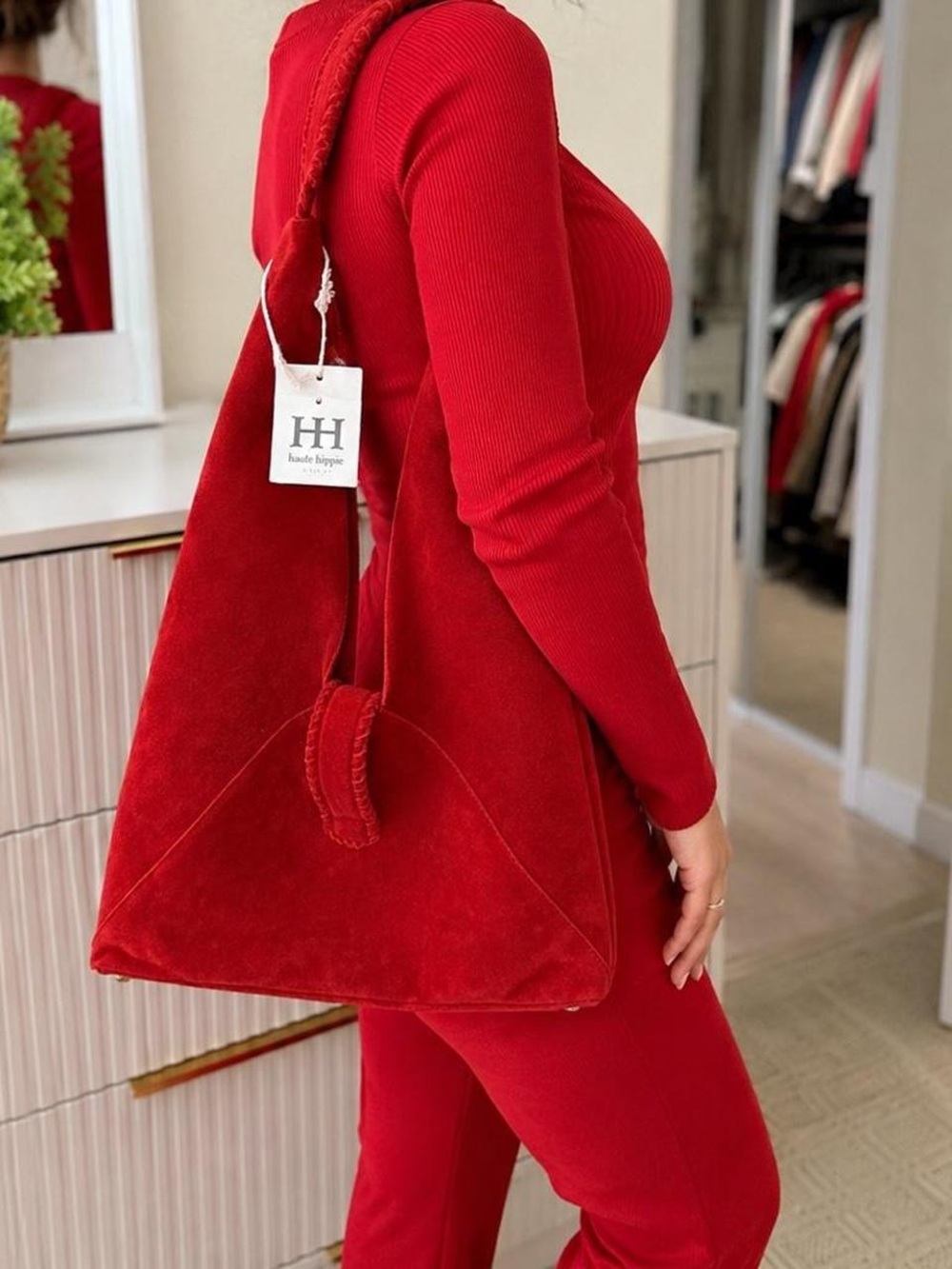 Haute Hippie Red Suede Handbag with Braided Strap
